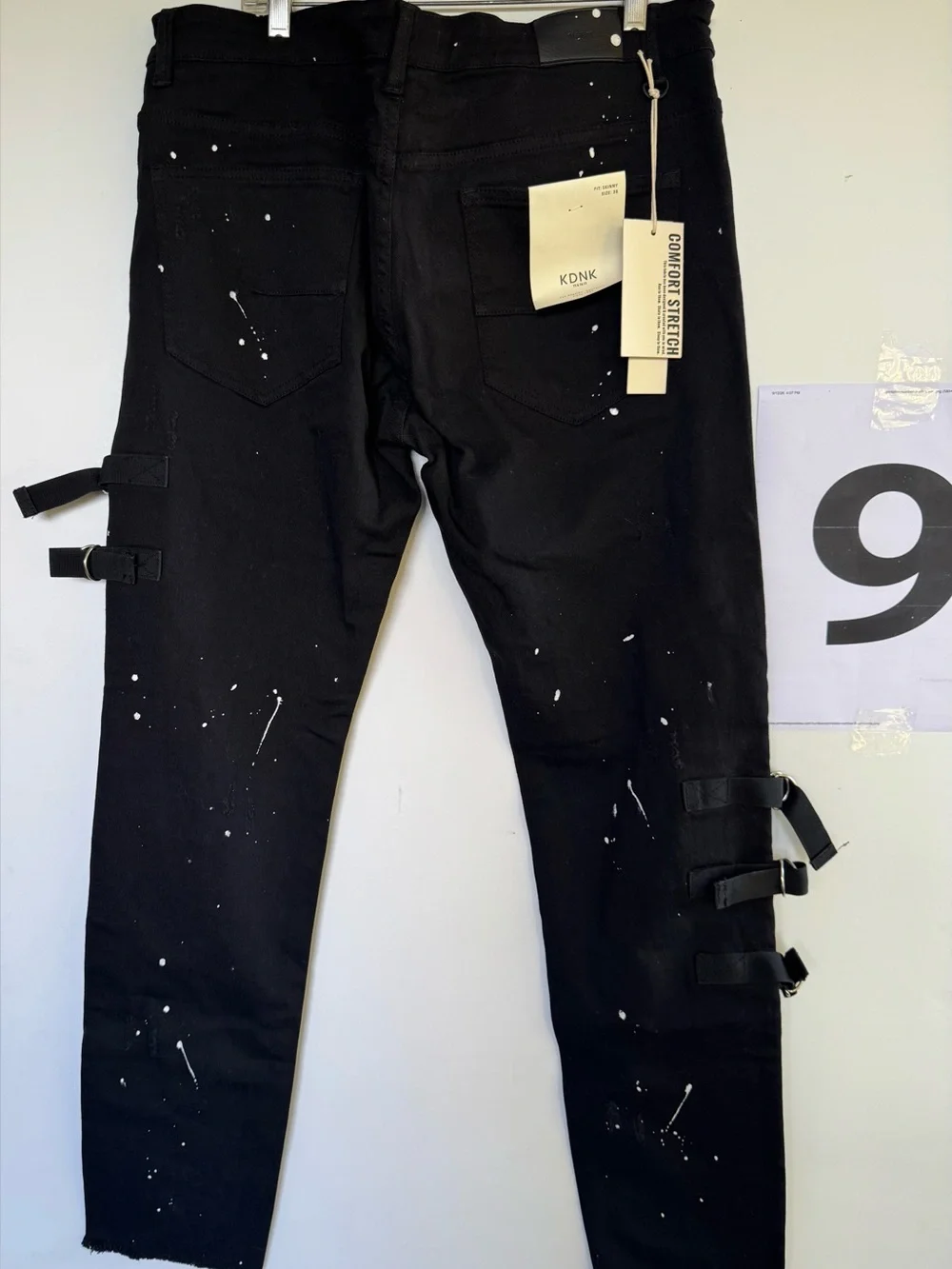 Men's Black Distressed Cargo Pants with Strap Details